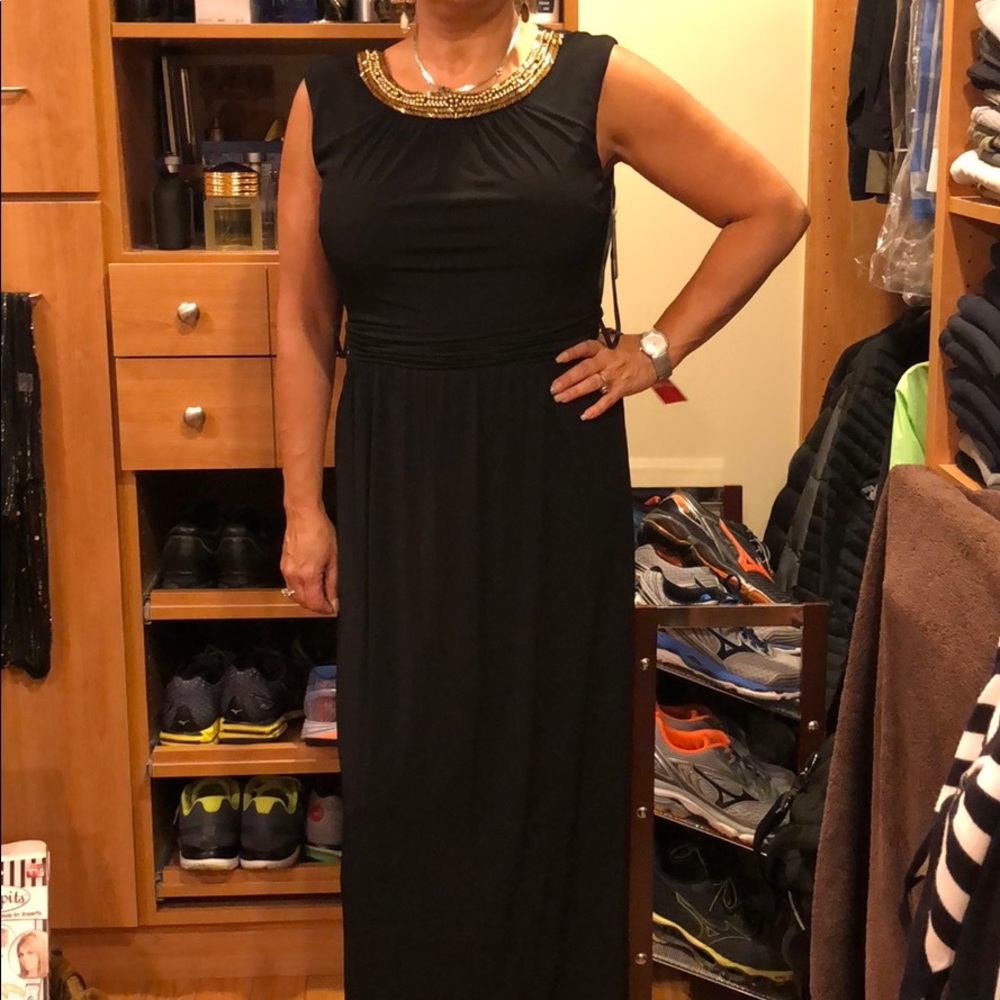 Black long dress, gold necklace attached